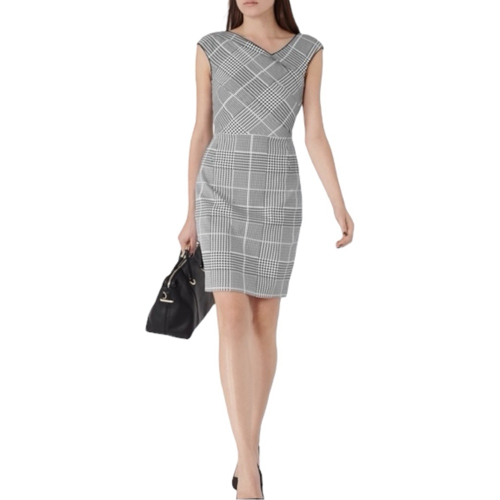 REISS Rouge Houndstooth Sheath Dress Ivory Black V-Neck Tailored Women’s 4 US